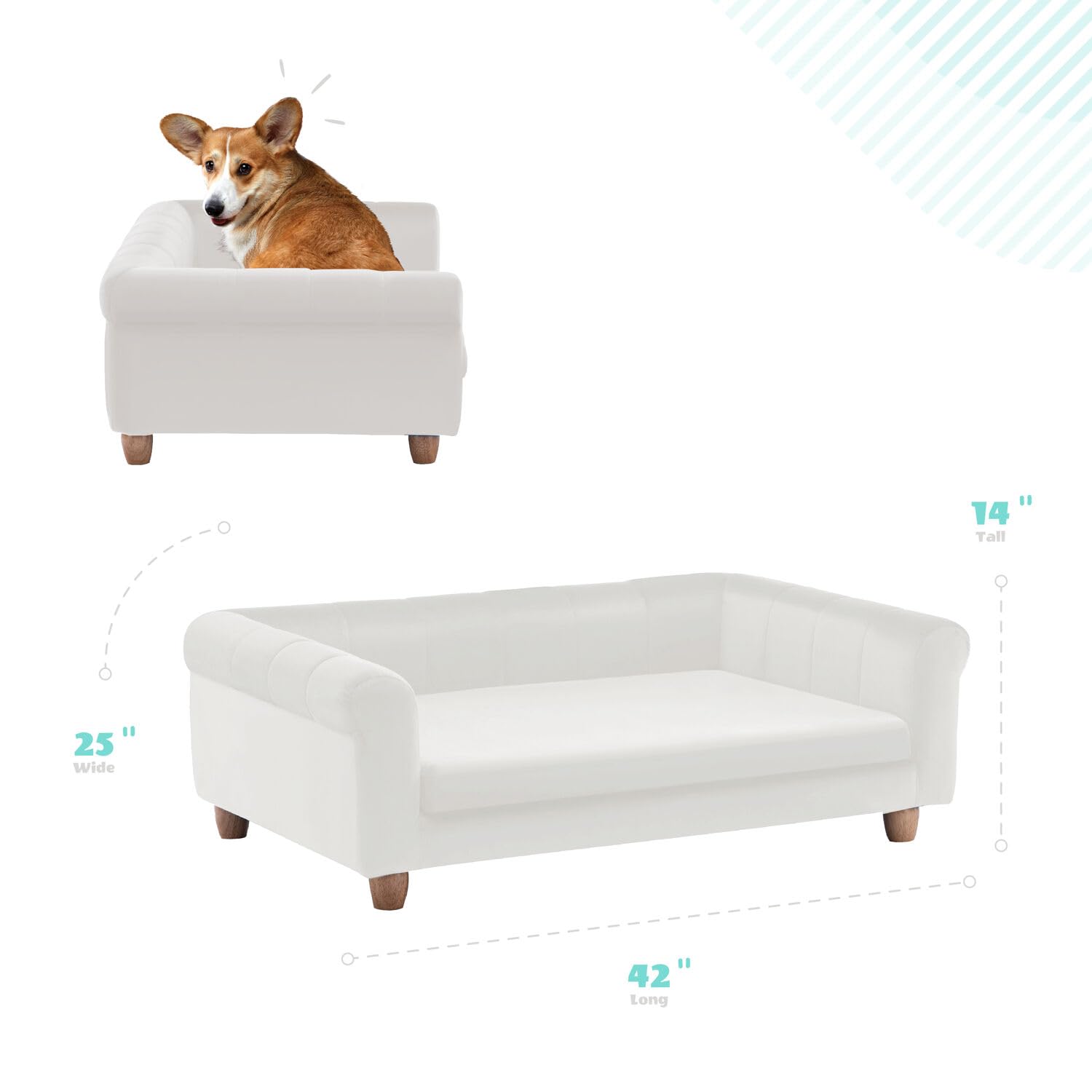 Critter Sitters 42-In. Elegant Cream Faux-Velvet Rectangular Dog Sofa For Medium And Large Dogs, Durable Elevated Dog Sofa Bed,