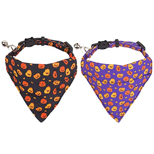 Adoggygo Halloween Cat Collars Breakaway With Bell, 2 Pack Adjustable Cat Collar With Removable Bandana, Pumpkin Pattern Cat Ban