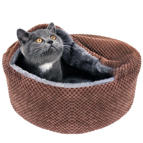 Winsterch Washable Cat Bed - Round Soft, Cozy & Warming For Indoor Cats. Calming Kitten Pet Bed. Small Pet Covered Cat Cave Beds