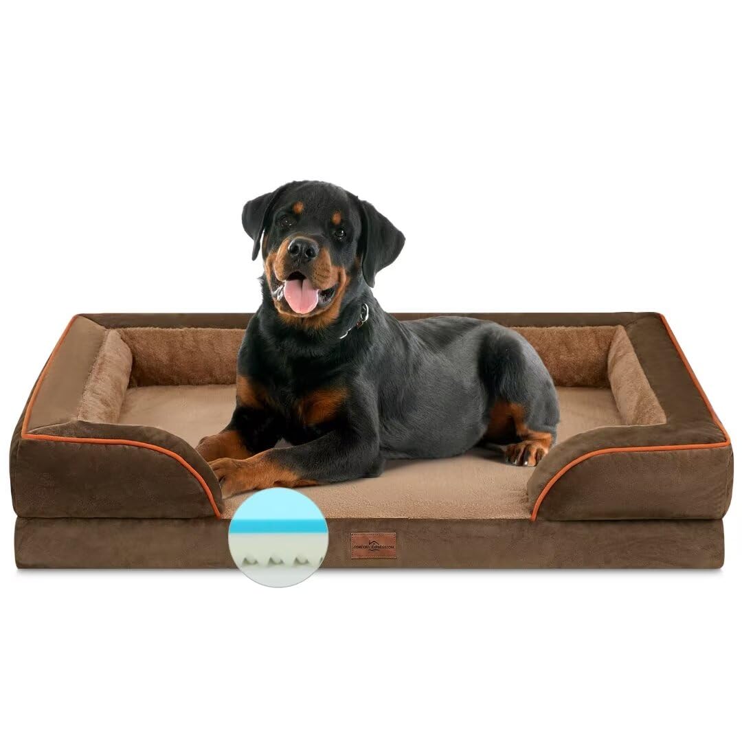Cooling Dog Bed Memory Foam, Jumbo Dog Bed For Extra Large Dogs, Orthopedic Jumbo Breed Dog Bed, Waterproof Dog Bed With Bolster & Removable Cover(Jumbo,Khaki Brown)