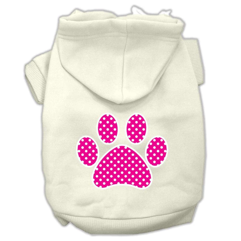 Pet Dog & Cat Hoodie Screen Printed, Pink Swiss Dots Paw Cream XL (14-20 lbs.)