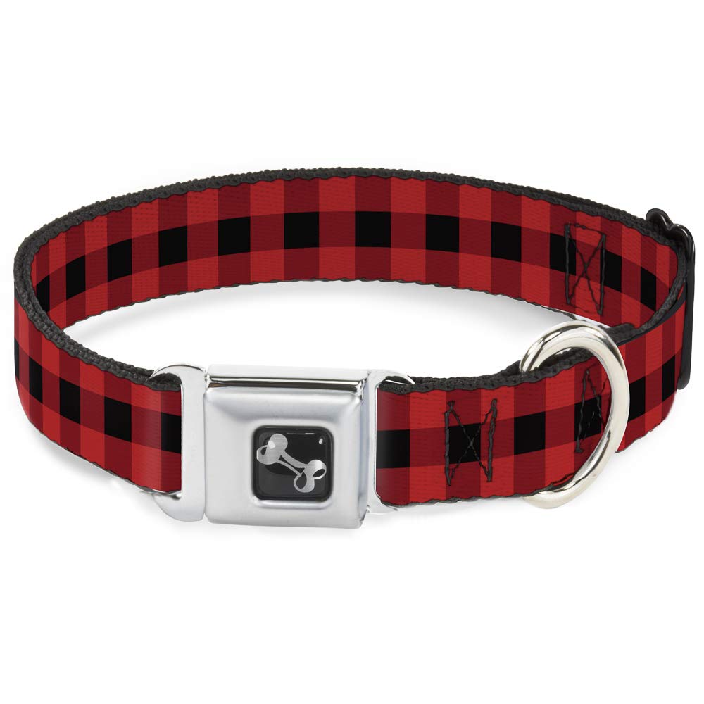Buckle-Down Seatbelt Buckle Dog Collar - Buffalo Plaid Black/Red - 1' Wide - Fits 15-26' Neck - Large