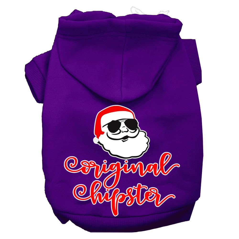 Christmas Pet Dog & Cat Hoodie Screen Printed, 'Original Hipster' Purple Md (6-10 Lbs.)