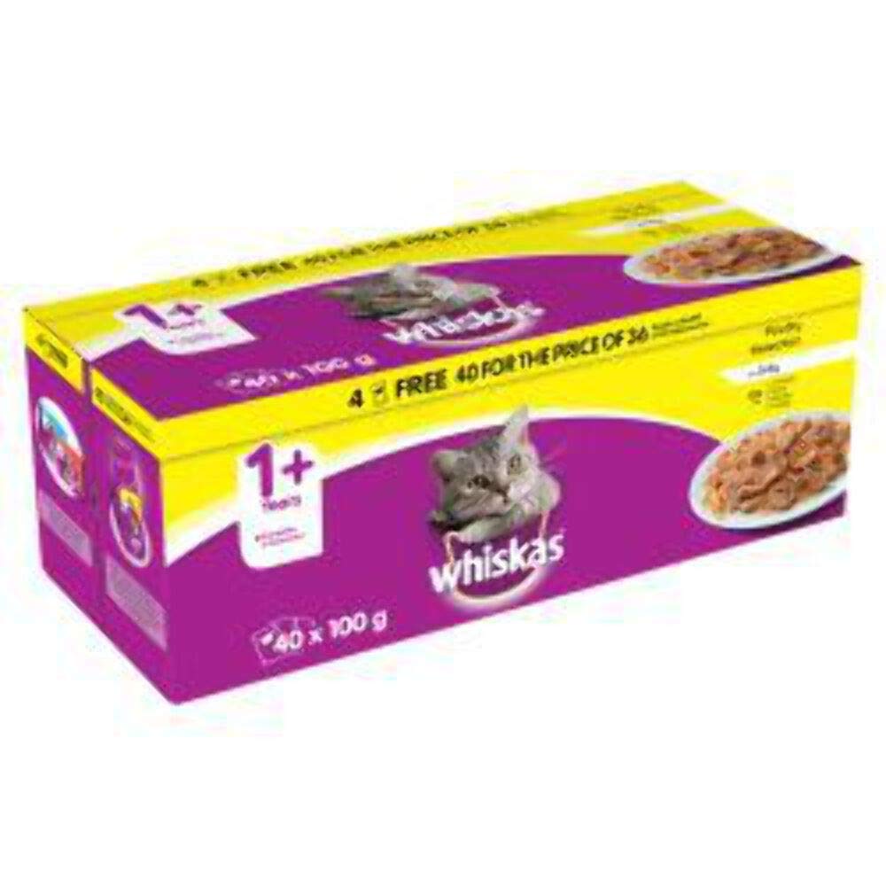 40 X Whiskas 1+ Cat Bags Chicken Choice Jelly 100 G, Transparent
