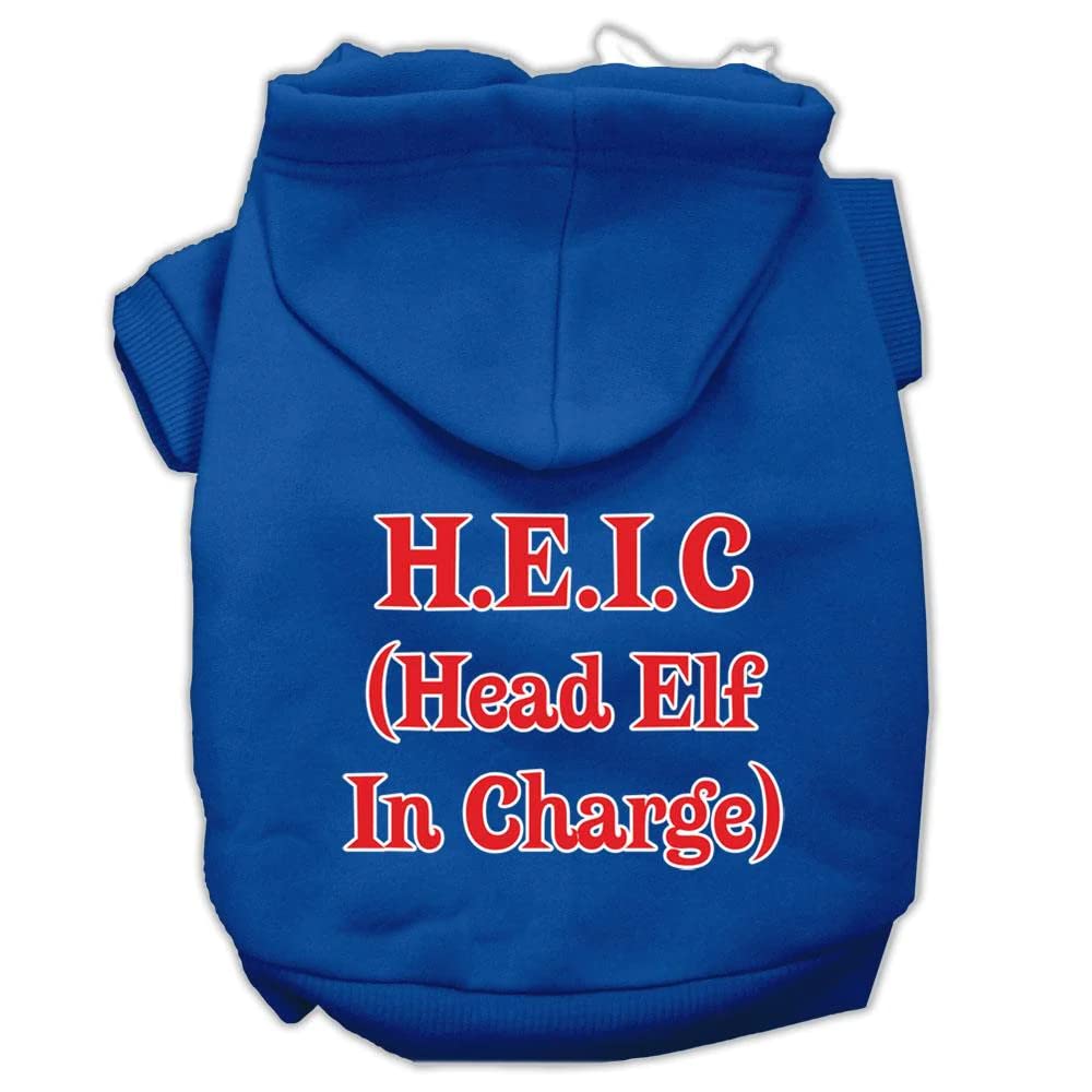 Christmas Pet Dog & Cat Hoodie Screen Printed, Head Elf in Charge Blue LG (10-14 lbs.)