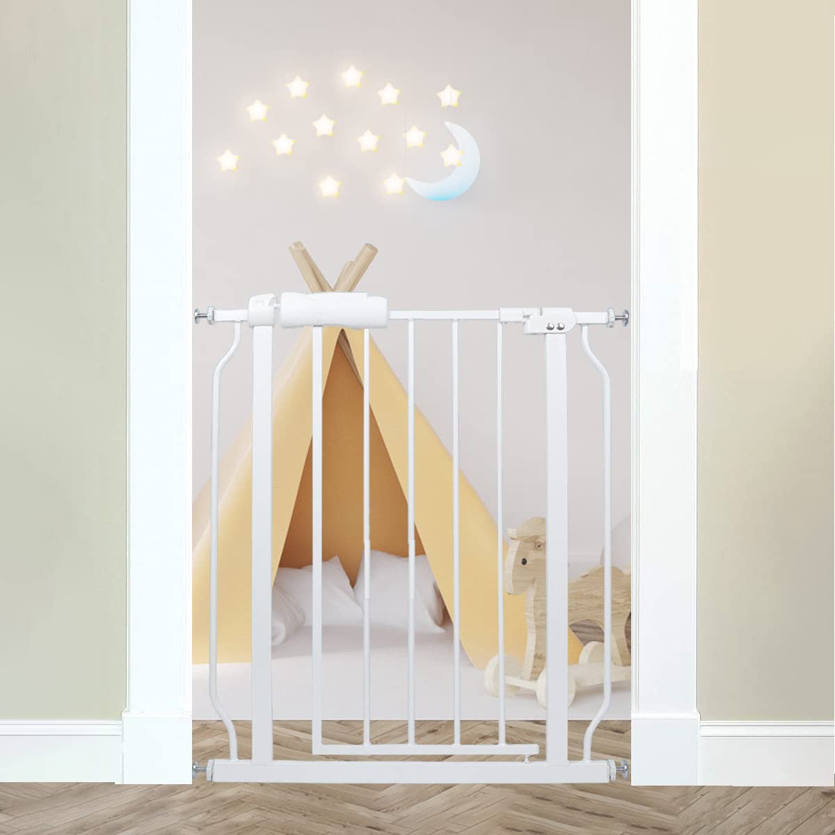 24-29 Inch Narrow Baby Gate, Pressure Mounted No Drilling Dog Gate for Stairs & Doorways, White Metal Safety Gate Indoor for Kid