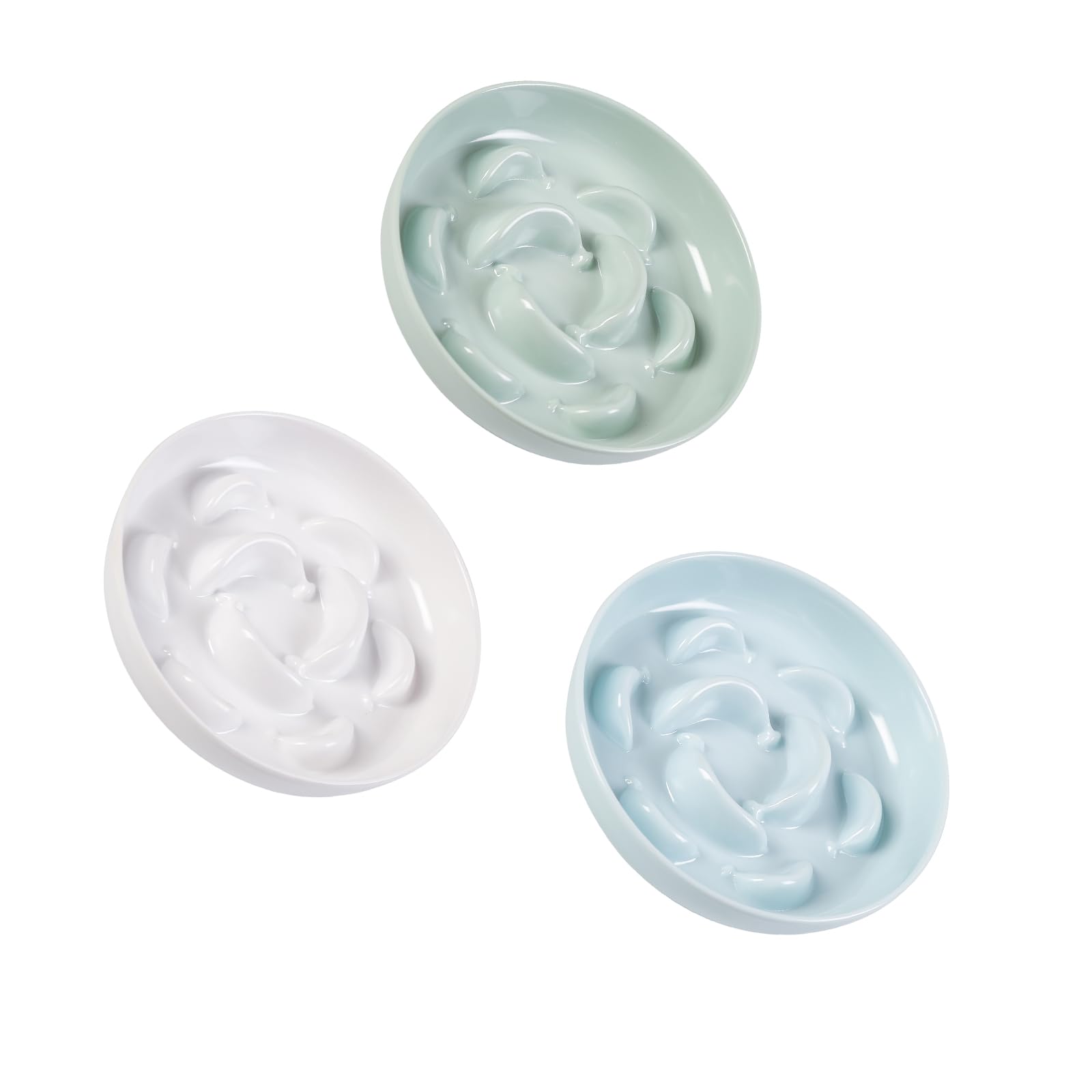Melamine Slow Feeder Cat Bowls - Set of 3 Cat Food Dishes - Fun Maze Design for Slow Feeding - Dishwasher Safe - White, Blue, Gr