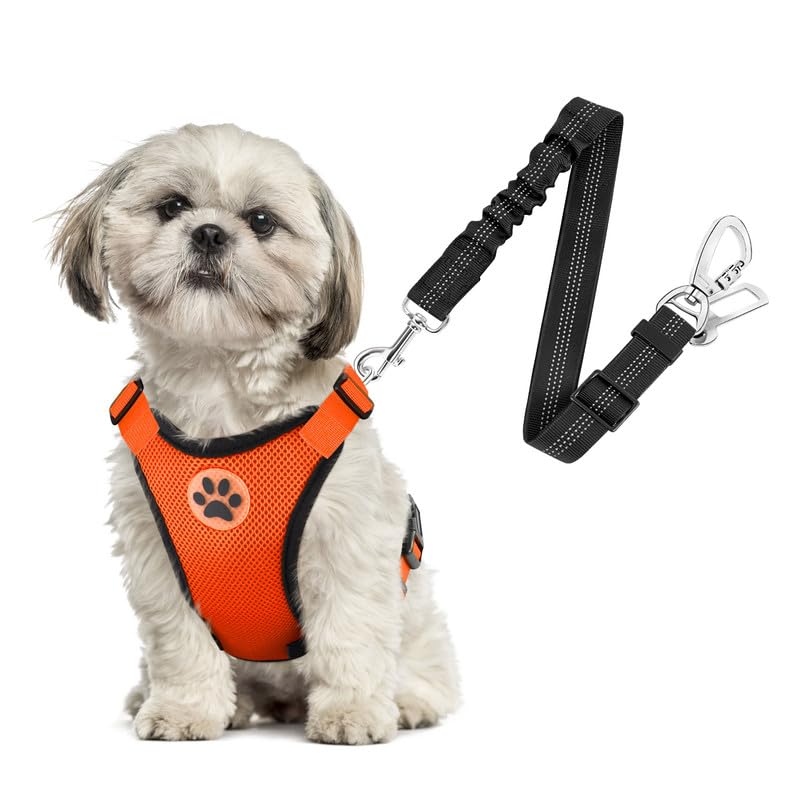 Slowton Dog Seat Belt Harness For Car, Dog Car Harness Adjustable Mesh Breathable & Dog Seatbelt Safety Tether With Elastic Bungee For Small Medium Large Pets(Orange, Double Clip, Xs)