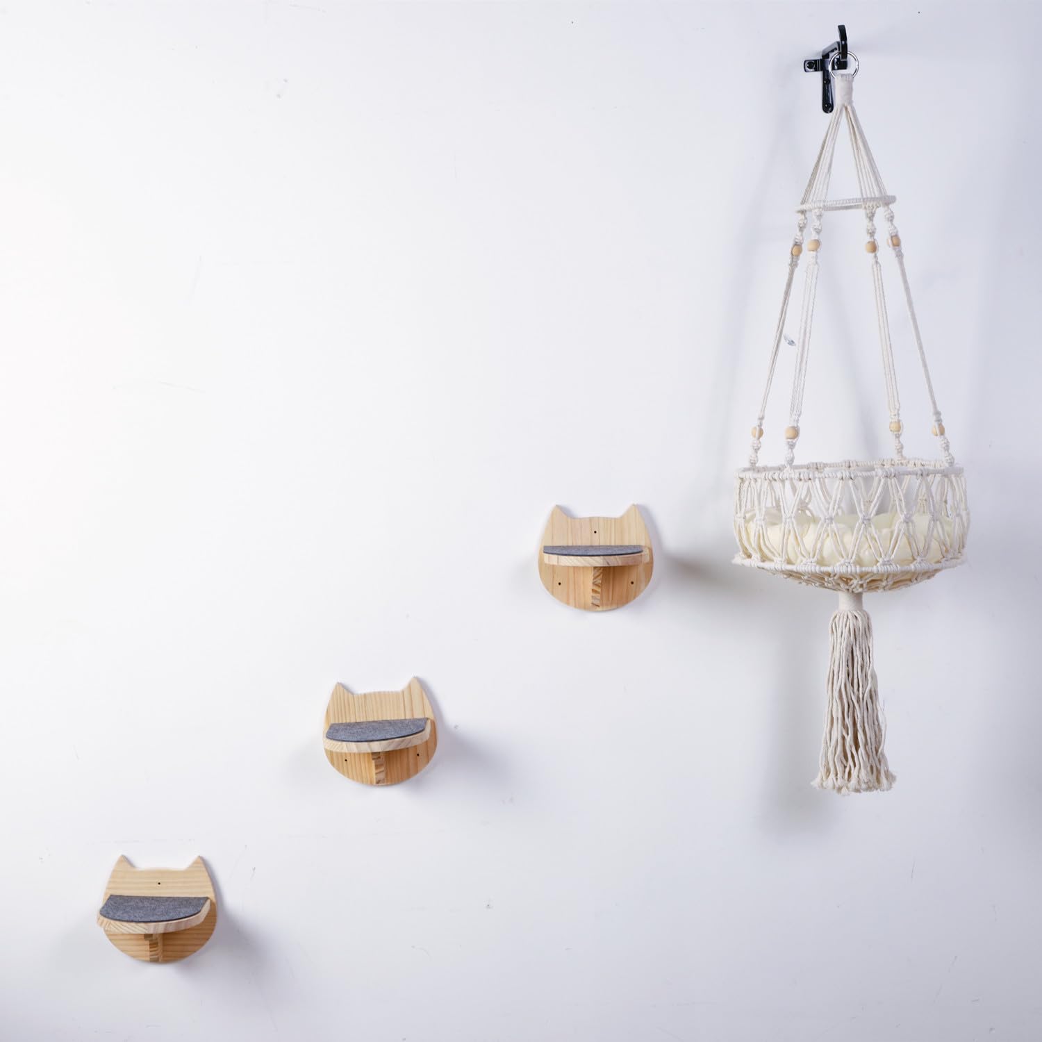 Shengocase Macrame Boho Cat Hammock With 3 Steps And Hook, Wall Mounted Swing Bed, Hanging Cat Bed For Indoor Cats, Wall Furnitu