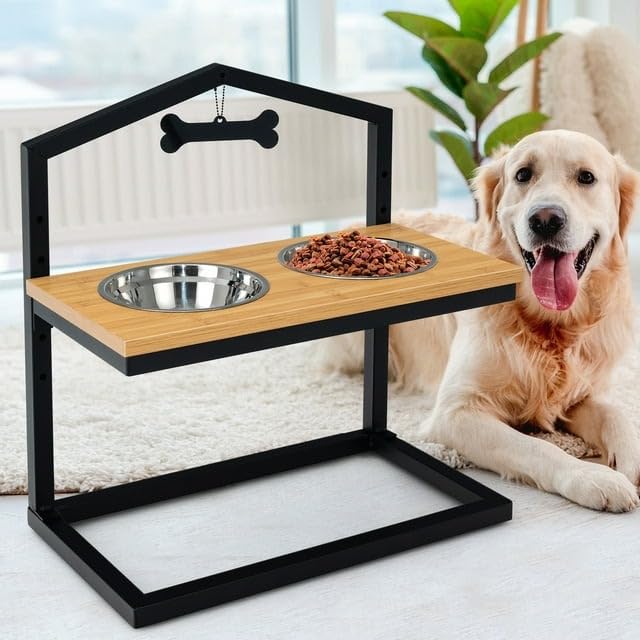 Emiwud Furniture Adjustable Height Elevated Dog Bowls Feeder Station|Raised Pet Bowls For Healthy Eating|Perfect For Large And S