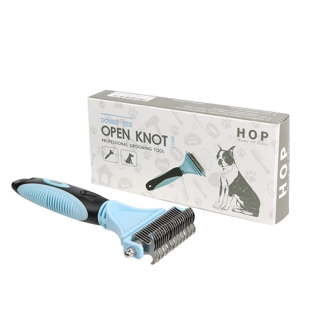 Hop 2 Sided Pet Grooming & Deshedding Brush Undercoat Rake For Cats & Dogs Safe Dematting Comb For Mats Tangles Removing Home Of Paws