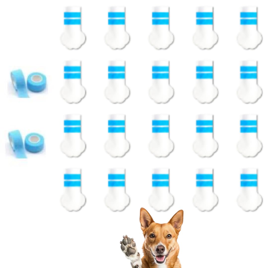 Disposable Dog Boots, 20 PCS with 2 Self-Adhesive Bandage Rolls, Paw Protection Shoe Covers for Dogs & Cats, Adjustable, Waterpr