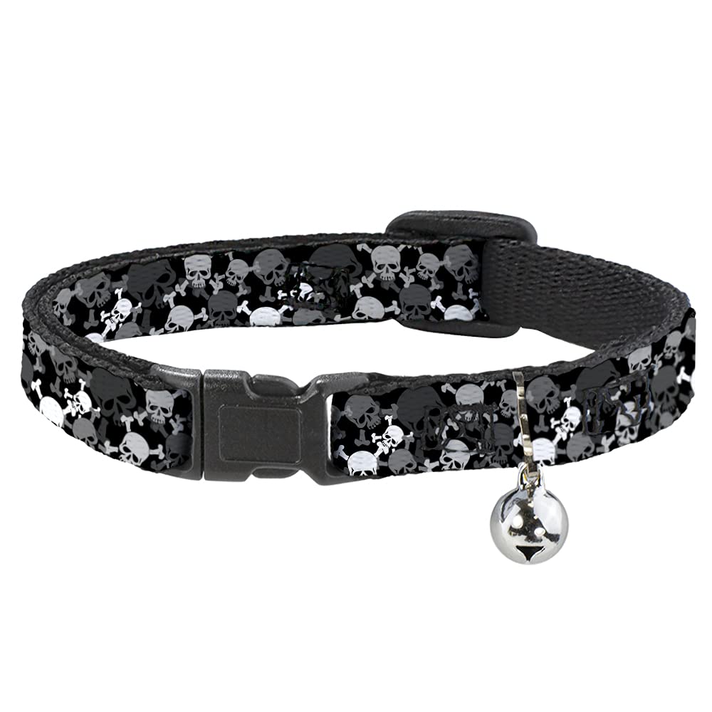 Cat Collar Breakaway Multi Top Skulls Stacked Blak Gray White, 1/2 Wide - Fits 8-12 Neck (DC-BABKSR-W33913-0.5-M)