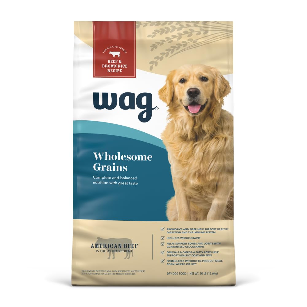 Amazon Brand - Wag Adult Premium Nutrition Dry Dog Food, Supports Stomach and Skin Health, Beef and Brown Rice, 30 lb Bag
