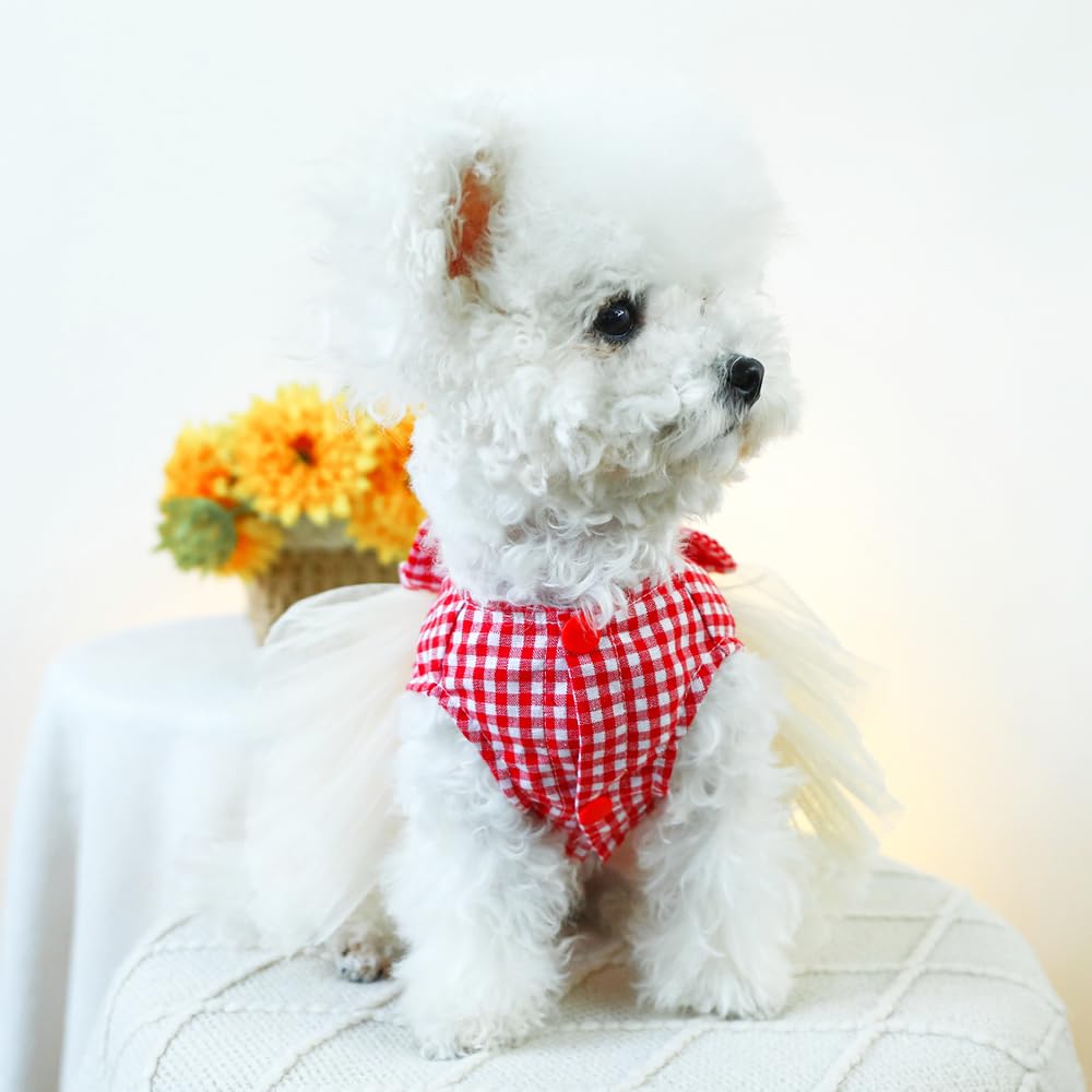 Anelekor Plaid Small Dog Dress With Leash Ring Valentines Cat Outfit Dog Tutu Princess Holiday Puppy Clothes With Bow Knot And H