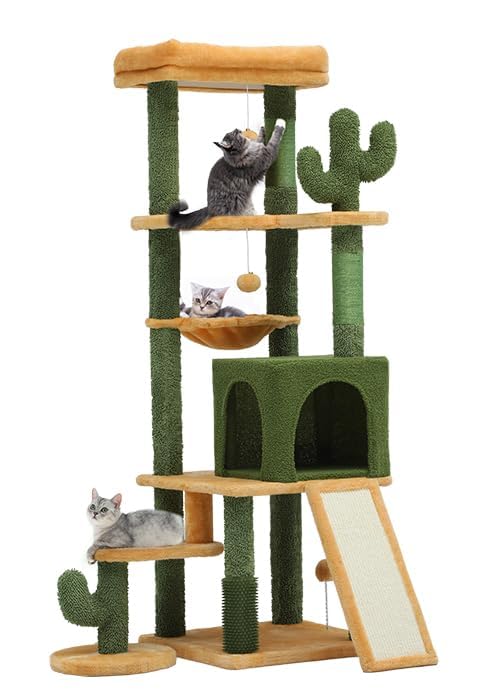 Yitahome Tall Cactus Cat Tree Tower With Self-Grooming Brush, 60In Cute Cat Climbing Tower For Indoor Cats With Cat Condo, Top P