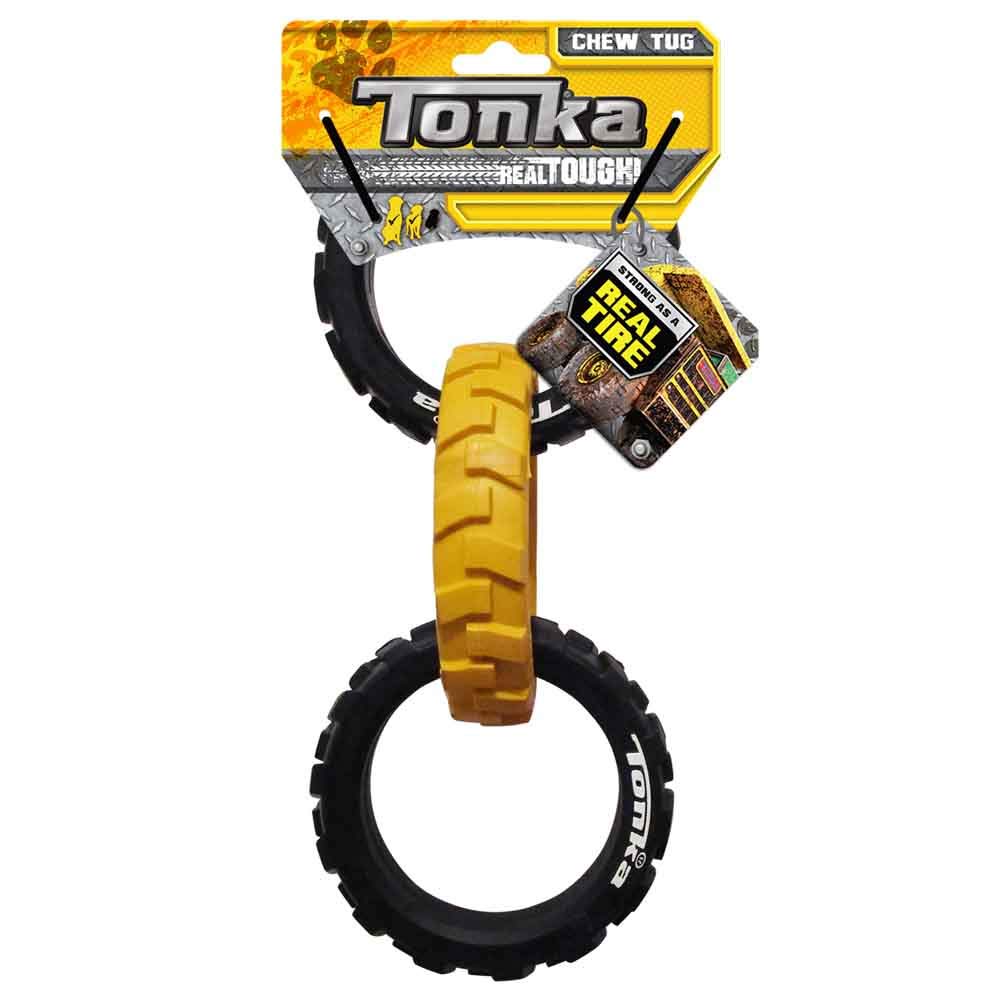 Tonka Three Dog Toy Gift Set - 3In Mega Ball, 7In Axle Tread With Insert Feeder, And 10.5In Rubber Flex Tread 3-Ring Tug - Yello