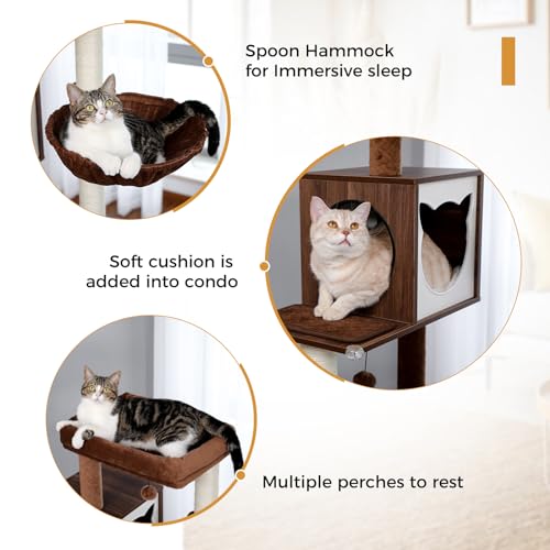 Miomum Tall Cat Tree With Litter Box Enclosure 56.7 Wooden Cat Tower For Large Cats With Cat Hammock House Bed (Wood Beige)