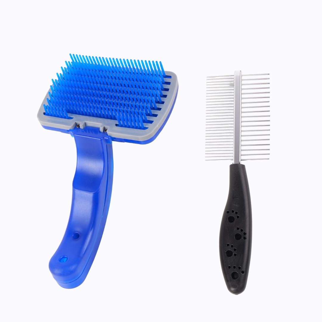 2in1 Pet Grooming Combo  SelfCleaning Slicker Brush & DoubleSided Grooming Comb, Pack of 2