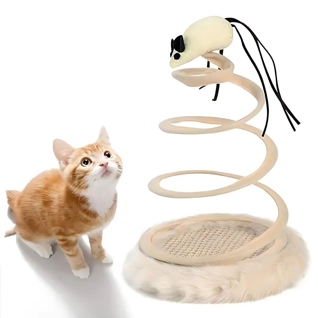 Pet Fun Spring Spiral Cat Toy With Mouse  Interactive Bouncy Teaser & Scratch Pad | Plush Base Cat Toy For Indoor Cats & Kitten