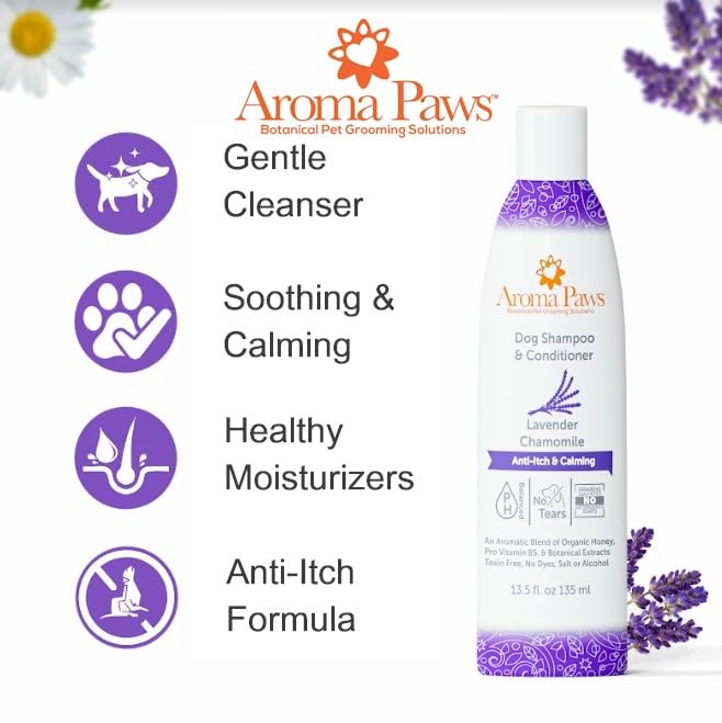 Aroma Paws Dog Shampoo And Conditioner - Aromatic Tearless Shampoo For Cleansing, Grooming, And Conditioning - Moisturizing Shampoo For Dogs And Puppies - Lavender Chamomile 13.5 Oz