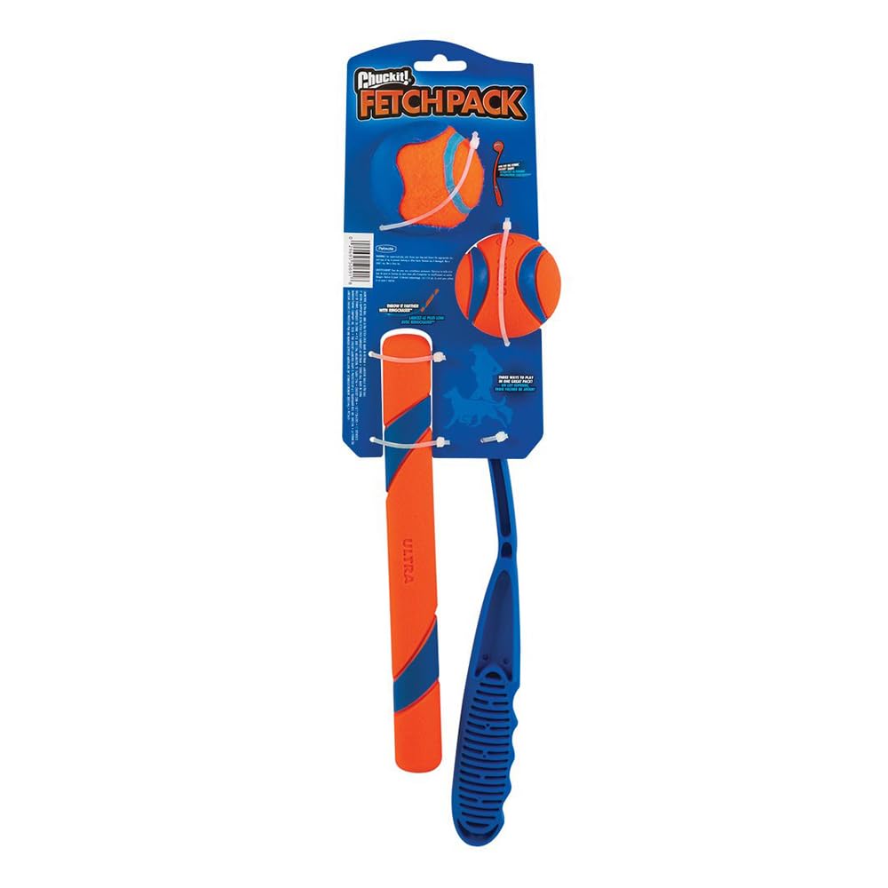 Chuckit! Fetch Pack - Dog Toys Indestructible Launcher, 18M, Tennis Ball & Ultra Rubber Ball Fetch Stick, Orange And Blue