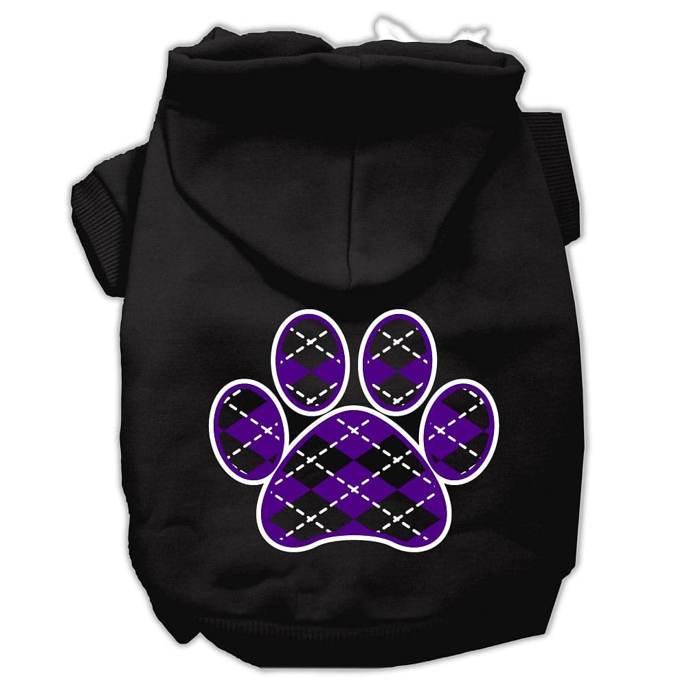 Pet Dog & Cat Hoodie Screen Printed, 'Purple Argyle Paw' Black Xs (0-3 Lbs.)