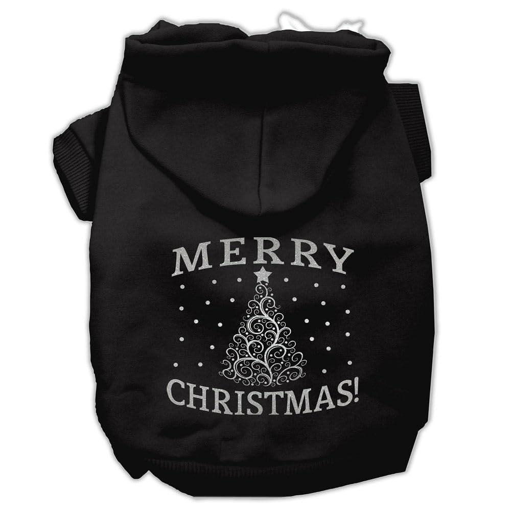 Christmas Pet Dog & Cat Hoodie Screen Printed, 'Shimmer Christmas Tree' Black Lg (10-14 Lbs.)