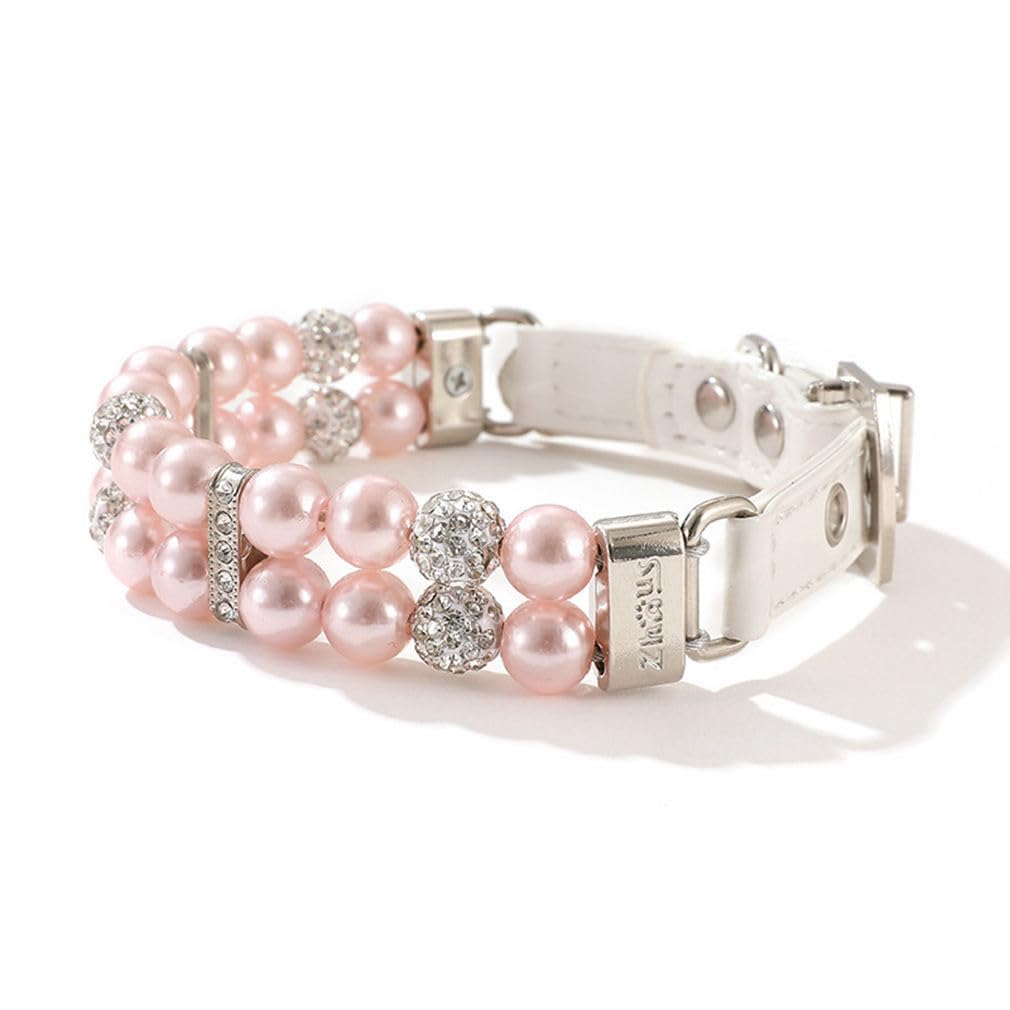Pink Pearl Collar For Small Dogs, Fancy Crystal Bling Pearl Cat Collar Rhinestone Luxury Beaded Puppy Necklace Diamond Girl Pet