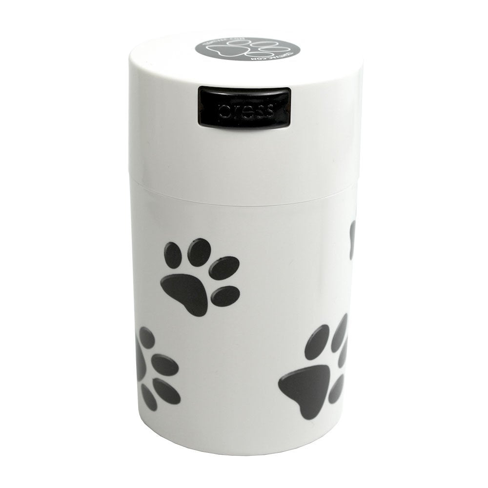 Pawvac 6 Ounce Vacuum Sealed Pet Food Storage Container; White Cap & Body/Black Paws