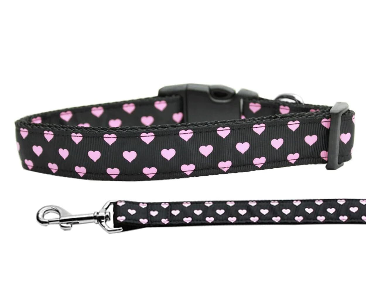 Pet Dog and Cat Nylon Collar or Leash, &quot;Pink & Black Dotty Hearts&quot; SM Collar
