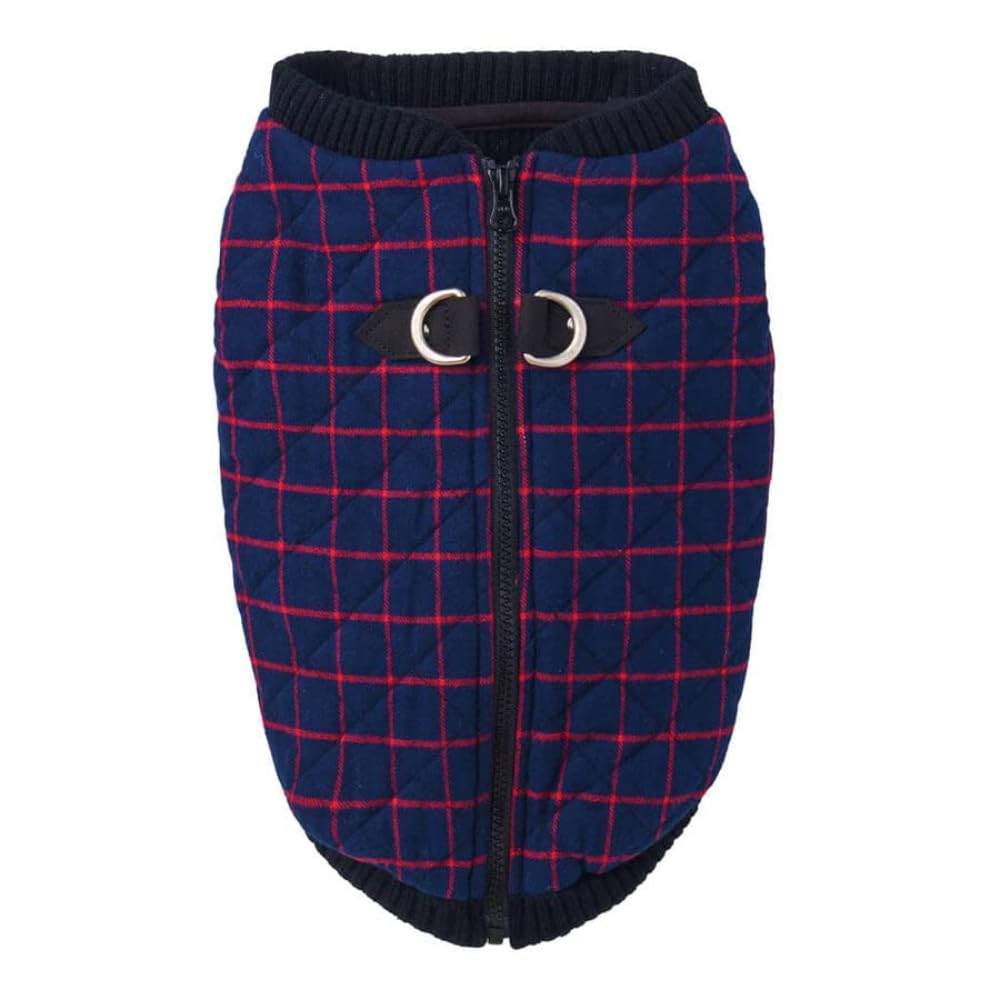Gooby Fashion Vest Check Dog Jacket - Navy Check, Small - Warm Zip Up Bomber Vest With Dual D Ring Leash - Winter Water Resistant Small Dog Sweater