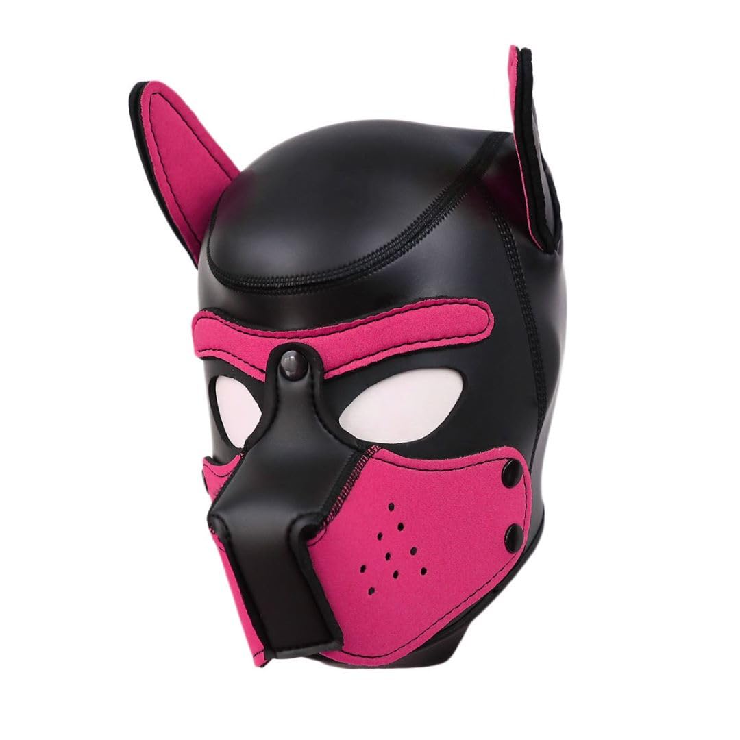Quyuwowo Neoprene Dog Full Face Puppy Mask Removable Pup Hood Halloween Mask (Rose Red, Mask)