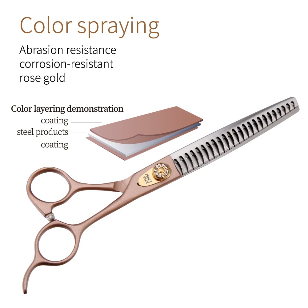 Fenice Peak 7 Professional Dog Grooming Scissors Set Rose Gold 440C Stainless Steel Straight Thinning Curved Chunker Shears 4Pcs