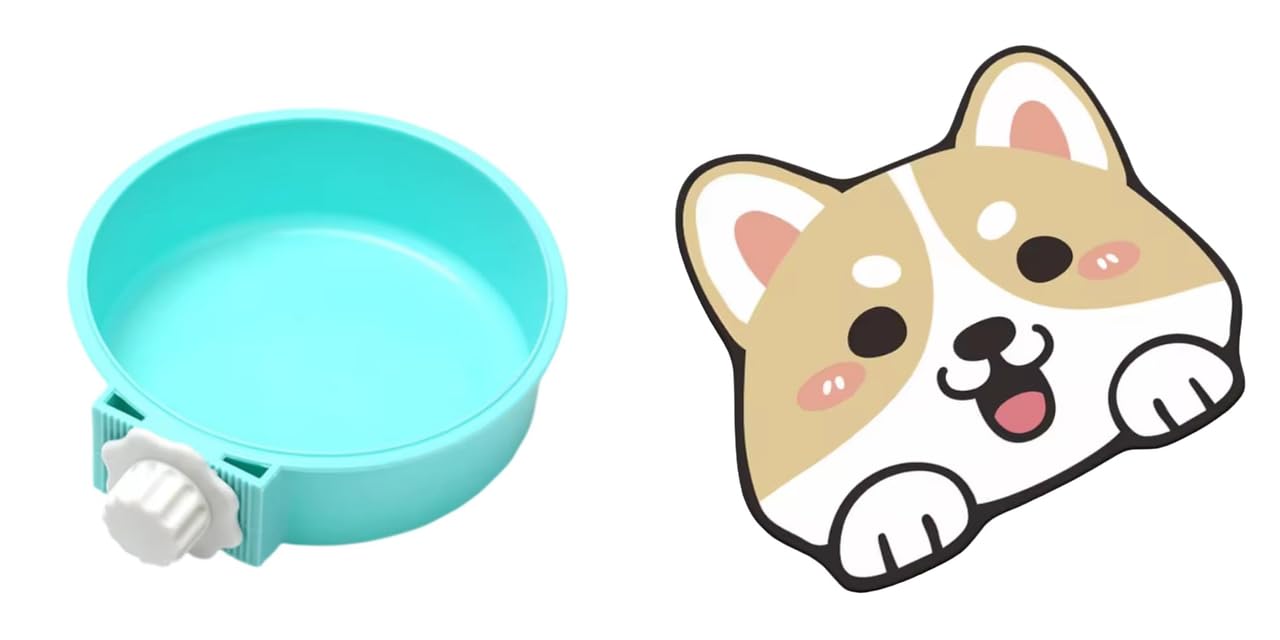 Round Cage Hanging Pet Bowl For Dog And Cat Food With Plastic Lock (Blue) And Adorable Crystal Velvetpolyester Cartoon Litter Ma