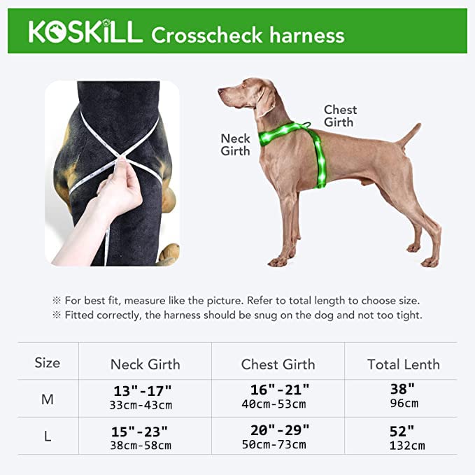 KOSKILL LED Light Up Dog Harness, Rechargeable & Reflective, Glow in The Dark, Green, Size M (Neck? = 96cm) for Night Walking