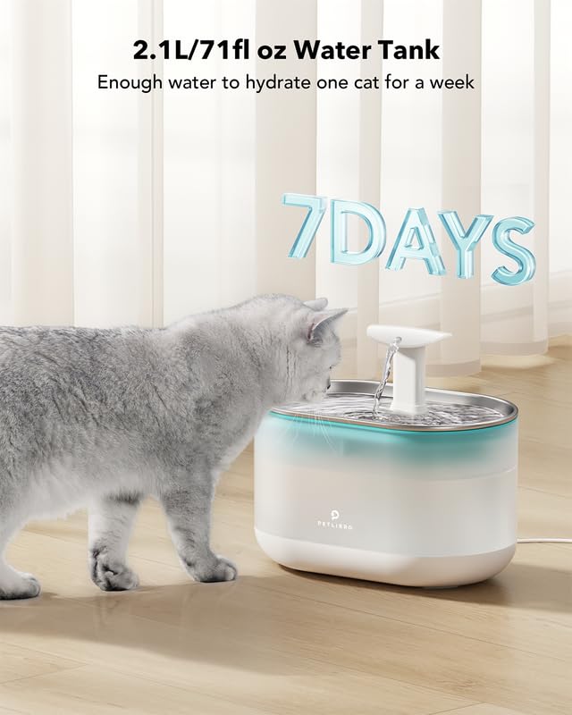 PETLIBRO Cat Water Fountain 2.1L, Ultra Quiet BPA-Free Stainless Steel Blue Pet Dispenser with 2 Flow Modes & 4 Filters