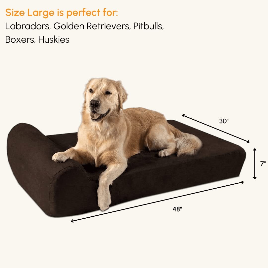 Barker Beds Headrest Dog Bed For Large Sized Dogs (Large, Chocolate) - 7'' Thick Soft & Comfortable Orthopedic Cushion - Durable