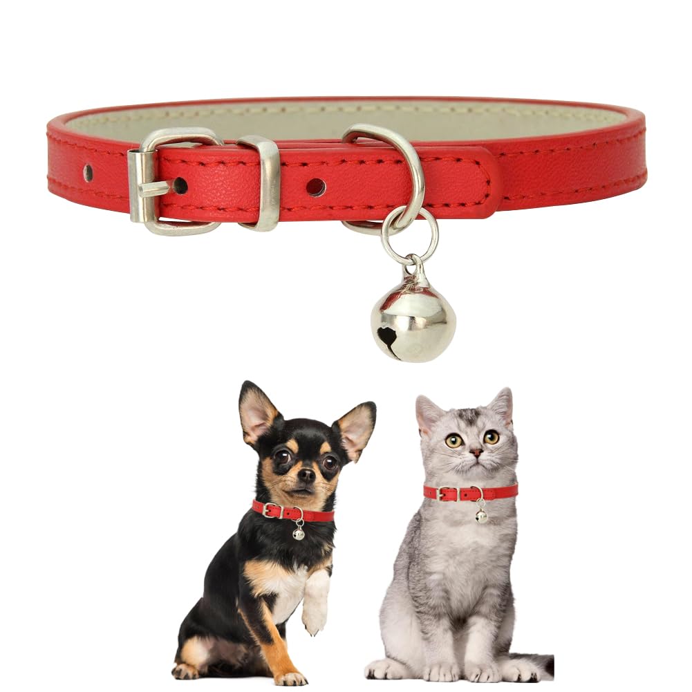 Red Xxs Dog Collar With Bell,Cat Collar With Bell,Soft Pu Leather Extra Small Dog Collar Adjustable Buckle For Xxs Extra Small M