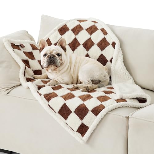 Lesure Waterproof Dog Blanket For Medium Dogs - Washable Double Sided Dog Blankets With Warm Jacquard Shag And Soft Sherpa Fleece, Pet Cat Blanket For Couch Protection, 3D Textured Checks, Brown