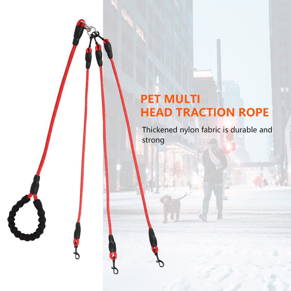 Three Dog Leash - Comfortable Double Leash With Reflective, 360 Swivel No Tangle Training For Large Medium Small Dogs (Red, Thre