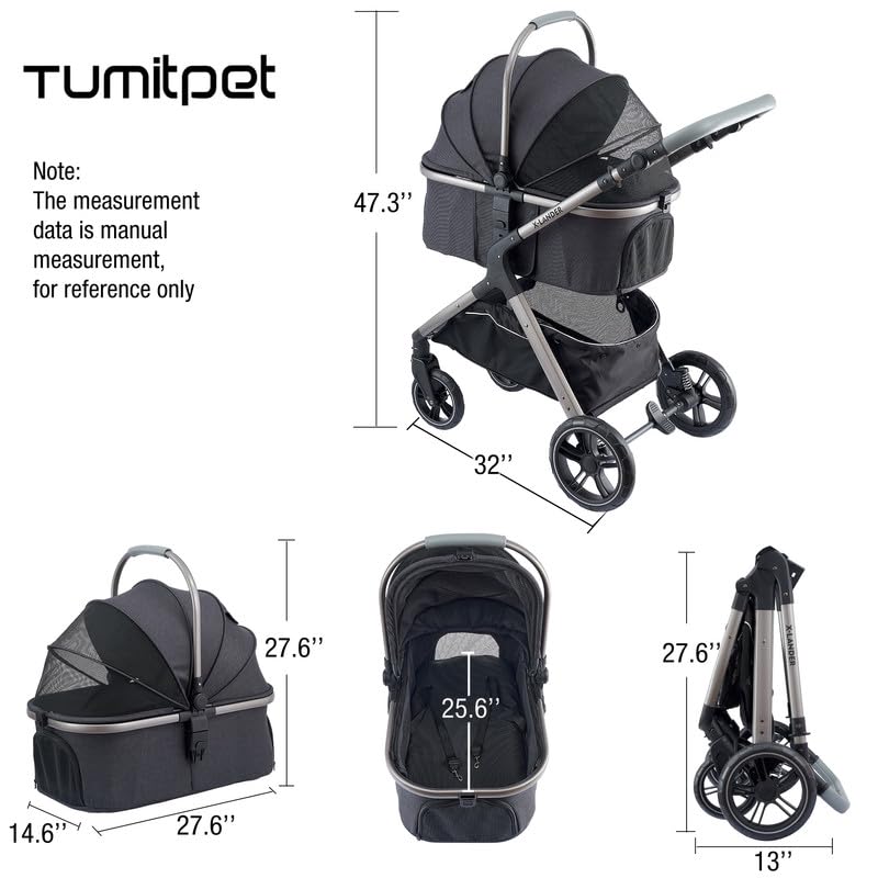 Tumitpet Pet Stroller For Small Medium Dogs, Cat Carriage Travel System Four Wheel Dog Stroller With Carrier, Zipperless Entry/C