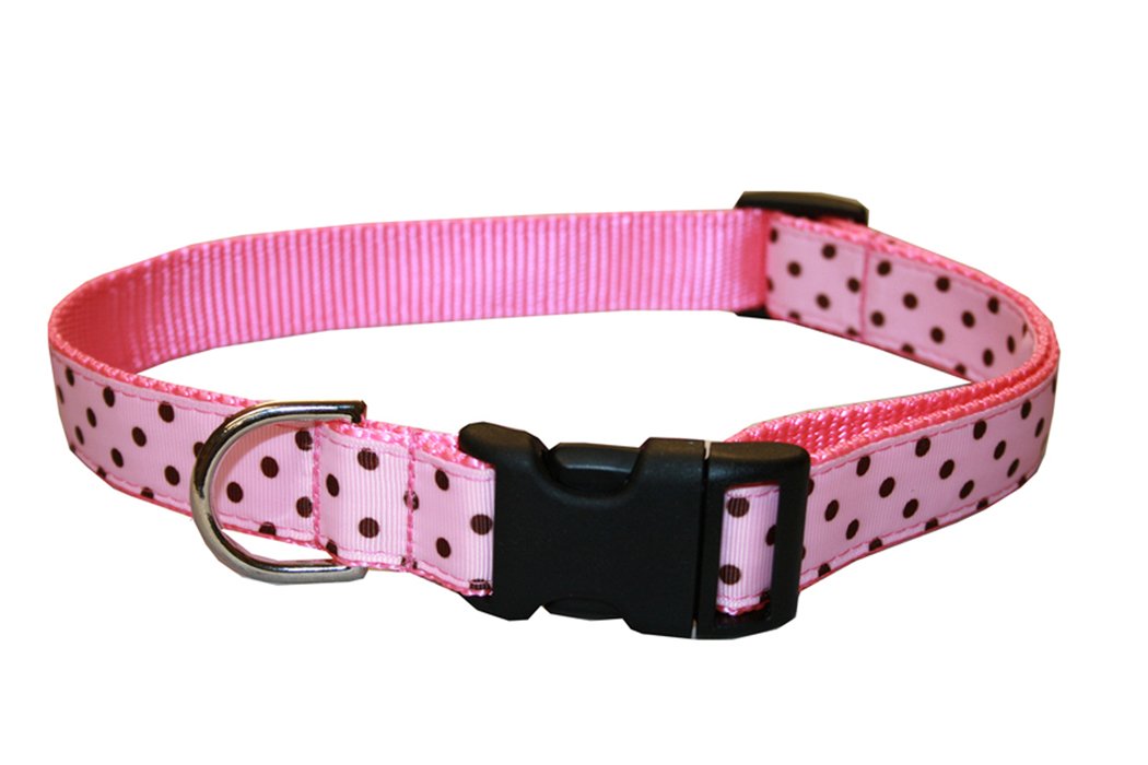 Small Pink/Brown Polka Dot Dog Collar: 5/8 Wide, Adjusts 10-14 - Made in USA.