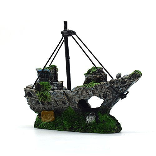 RunXF 5.7 inches Old Pirate Ship Sunken Treasure Boat Aquarium Landscaping Fish Shrimp Hideouts Cave Ornaments for Small Fish Ta