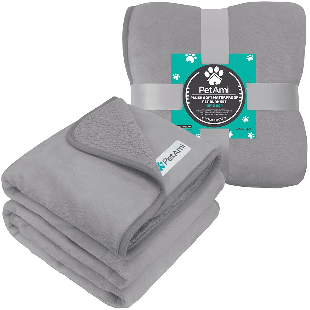 Petami Waterproof Dog Blanket For Medium Large Dogs, Pee Proof Pet Blanket Sherpa Fleece Couch Cover, Reversible Cat Throw Bed Sofa Protector, Soft Plush Washable Pad (Large 40X60, Light Gray)
