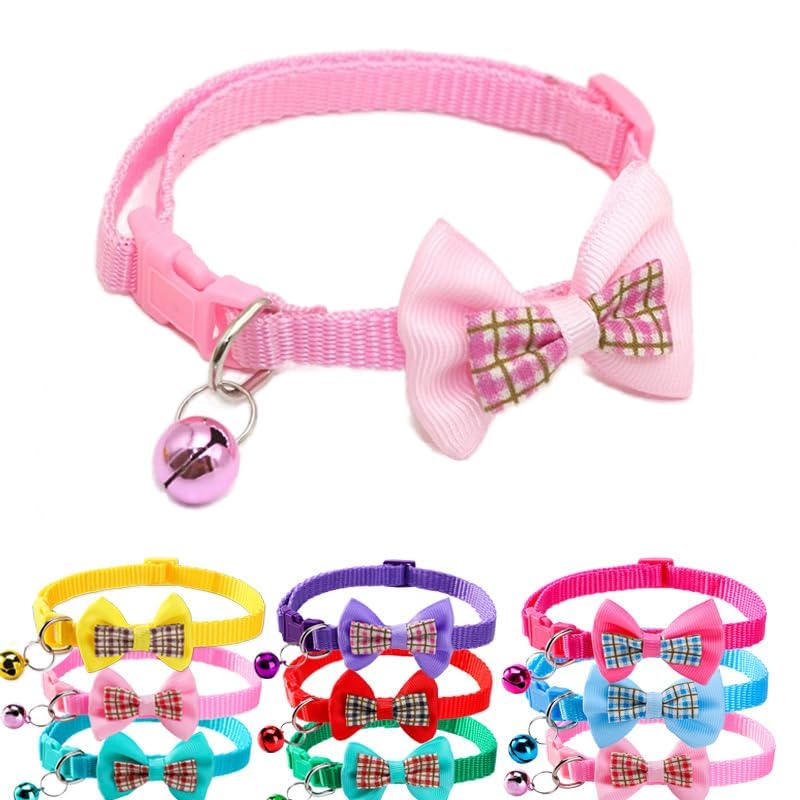 Xxs Dog Collar With Bell,Soft Nylon Identification Pink Cat Collar Girl Puppy Collar With Bowtie Adjustable Buckle For Xxs Xs Ti