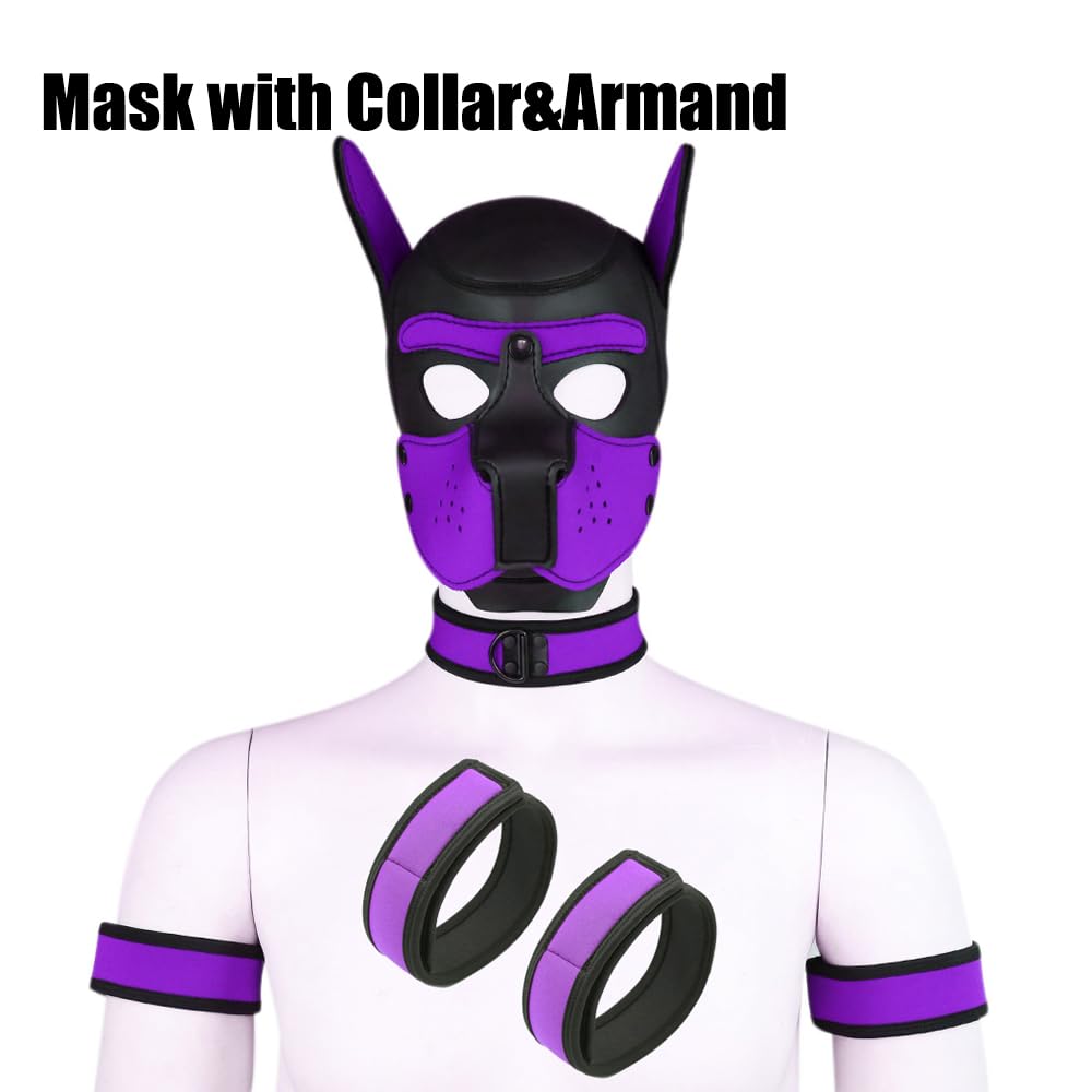 Quyuwowo Neoprene Dog Full Face Puppy Mask Removable Pup Hood Halloween Mask (Purple, Mask)