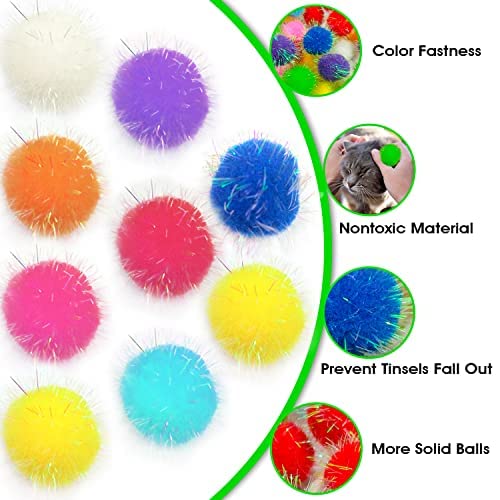 Shizhoo 10 Pieces Sparkle Pom Pom Balls for Cat - Interactive Glitter Balls, Multicolor, Size of 2 inches, Best as Kitten Play T