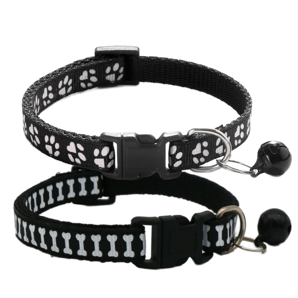 Black Xs Dog Collar With Bell, 2-Pack Basic & Bone Cat Collars With Bells Puppy Collar Boy For Xxs Xs Small Tiny Pet Dogs Female