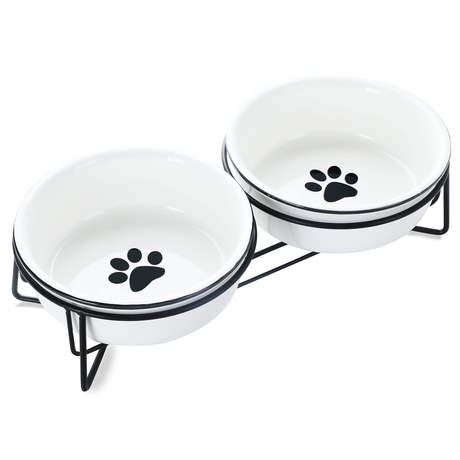 GDCZ Ceramics Raised Cat Small Dog Bowls with Heighten Metal Stand for Pet Food 15 Ounces, White